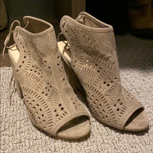 Ankle Tie Tan Suede Heels - Picture 2 of 4